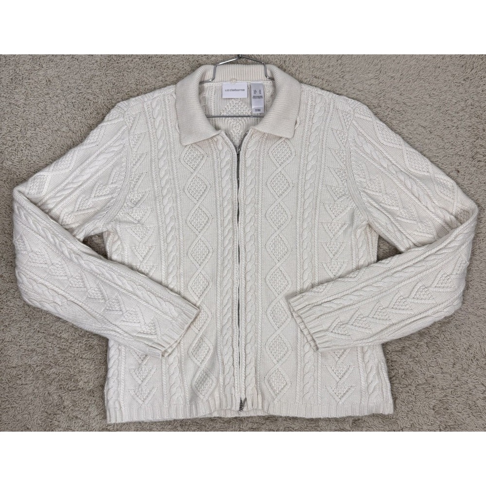 VTG Liz Claiborne Full Zip Fisherman Knit Cardigan Sweater Sz XL Coastal Grandma